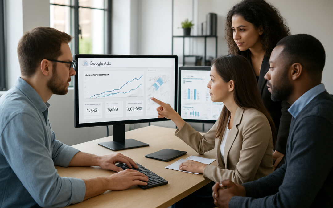 Equipo gestionando campañas Google Ads en Alicante con resultados de conversión en pantalla