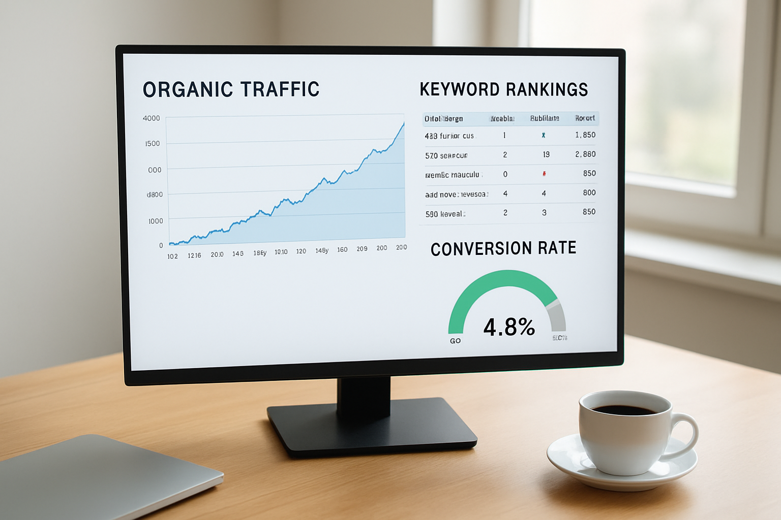 Panel de métricas SEO mostrando crecimiento del tráfico orgánico y posiciones de keywords