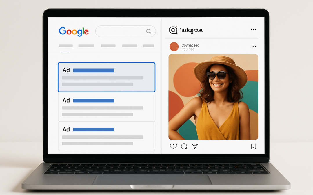 Comparativa visual entre Google Ads y Meta Ads en una pantalla de ordenador portátil